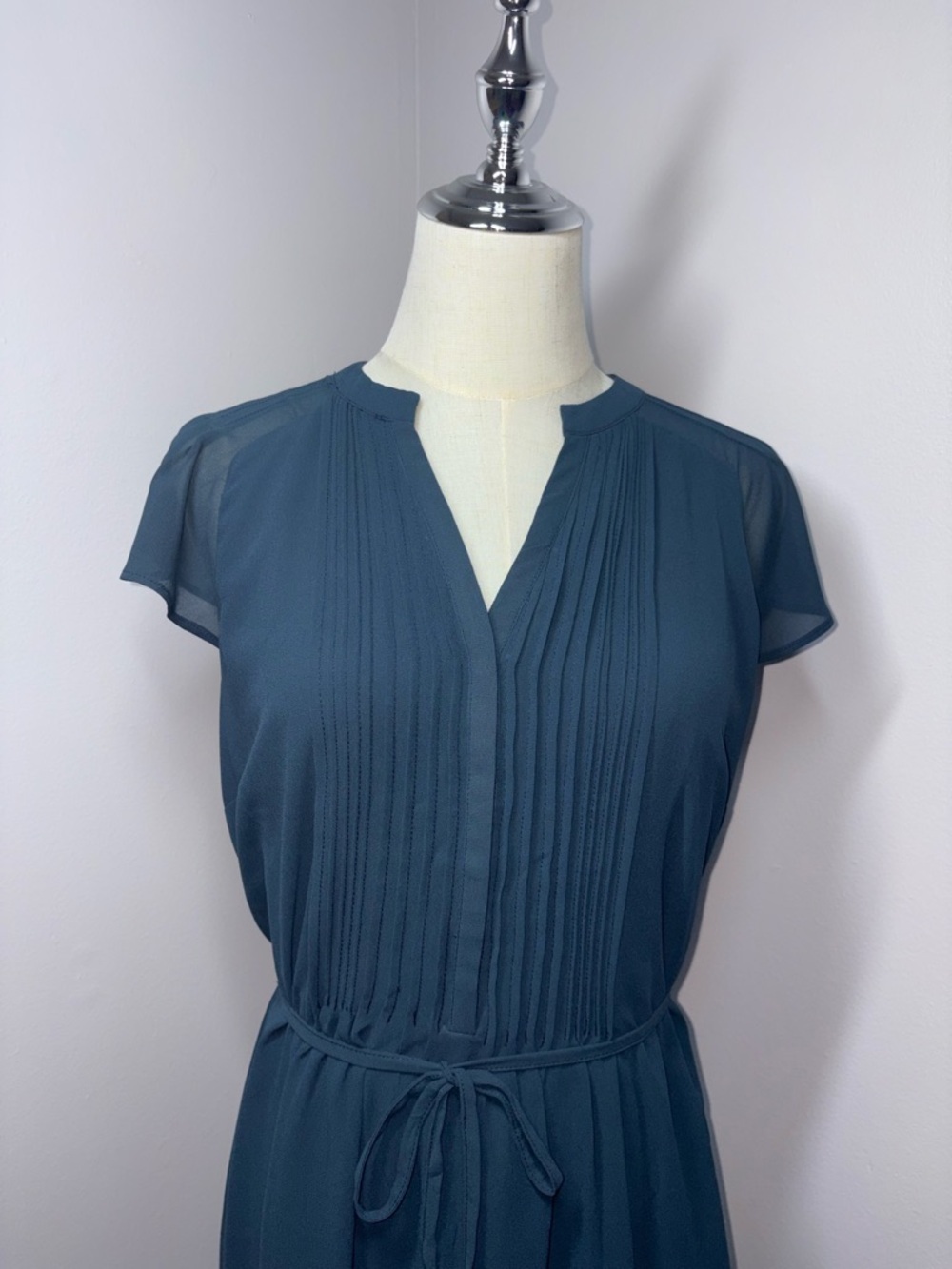 H&M Dark Teal Chiffon Dress Pin-Tuck Pleats Minimalist Dark Academia Size Small - Picture 3 of 16
